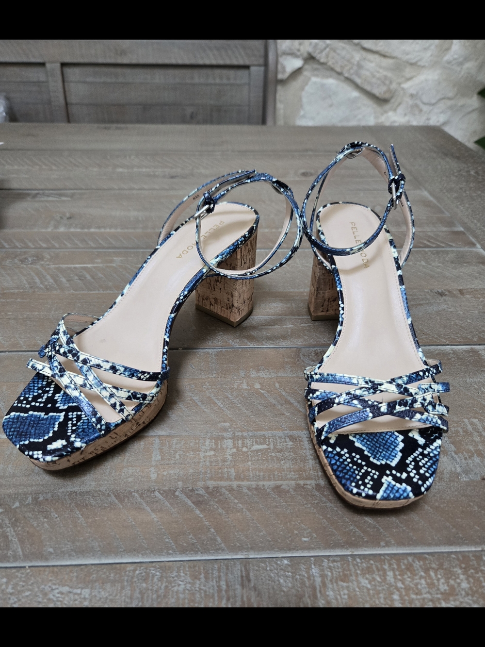 Pelle Moda Blue Snakeskin Cork Block Heel Sandals